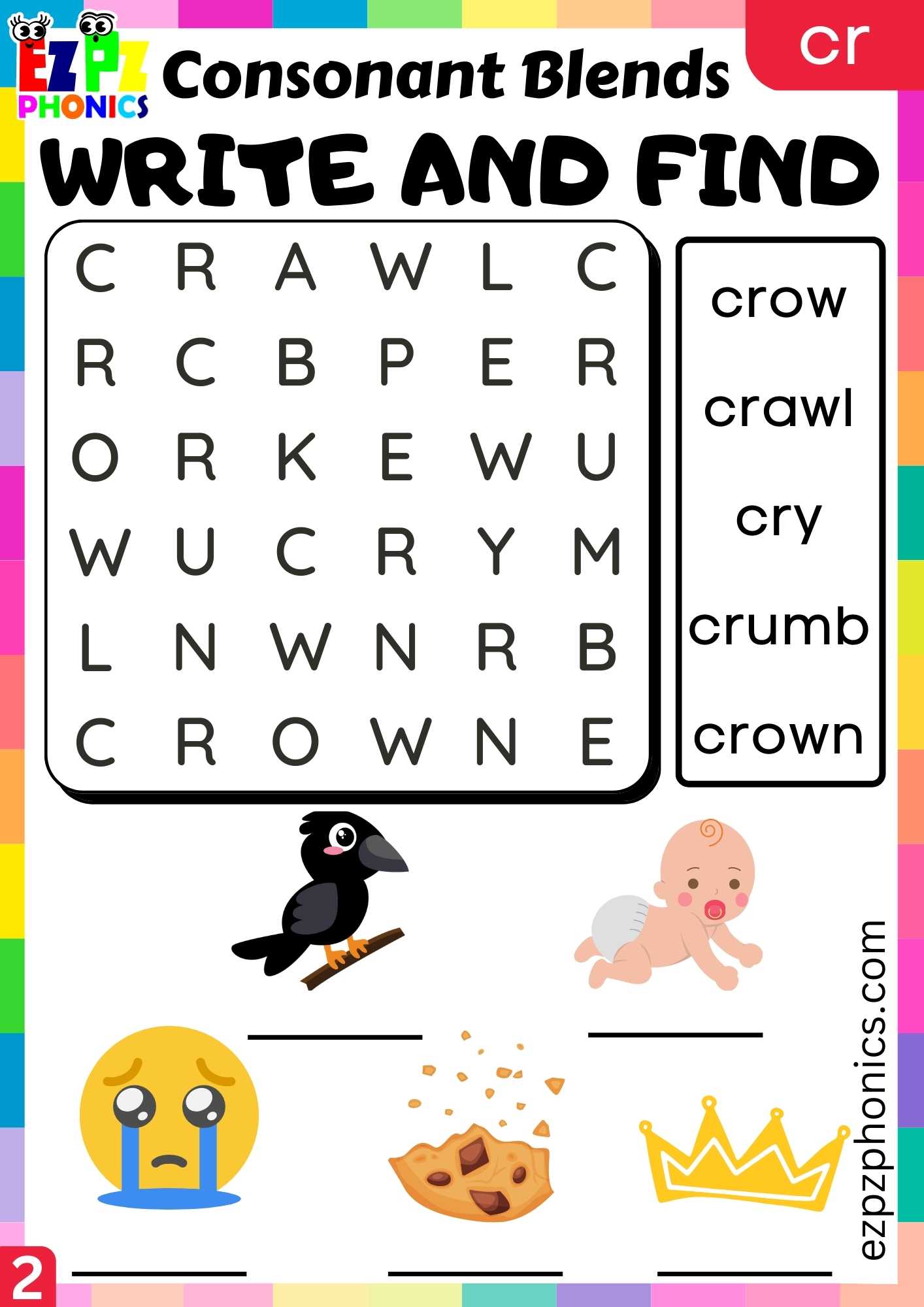 Group2 CR Words Write And Find Phonics Consonant Blends Worksheet